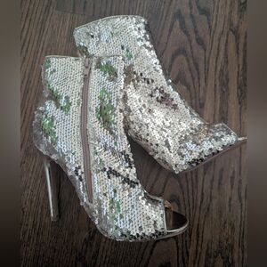 Shoe Republic LA Gold Sequin Peep-Toe Ankle Booties